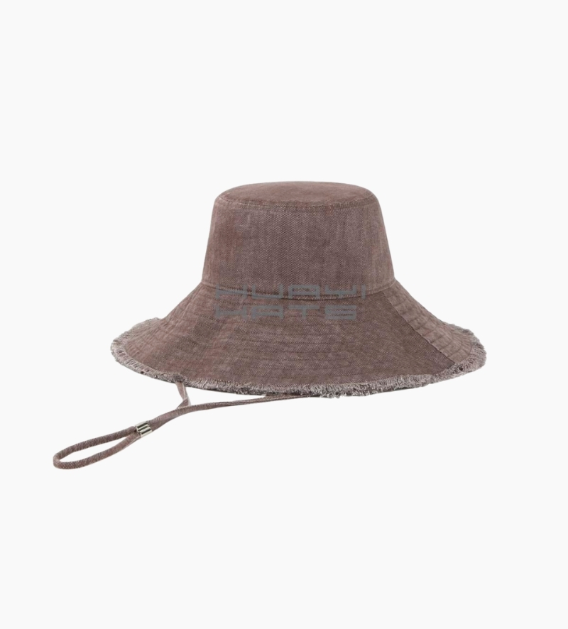 Custom Washed Bucket Hat with Frayed Brim Edge and Chin Cord